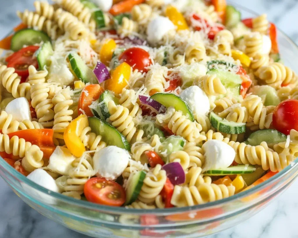 Colorful bowl of fresh pasta salad with veggies and vinaigrette dressing