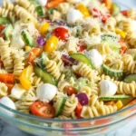Colorful bowl of fresh pasta salad with veggies and vinaigrette dressing