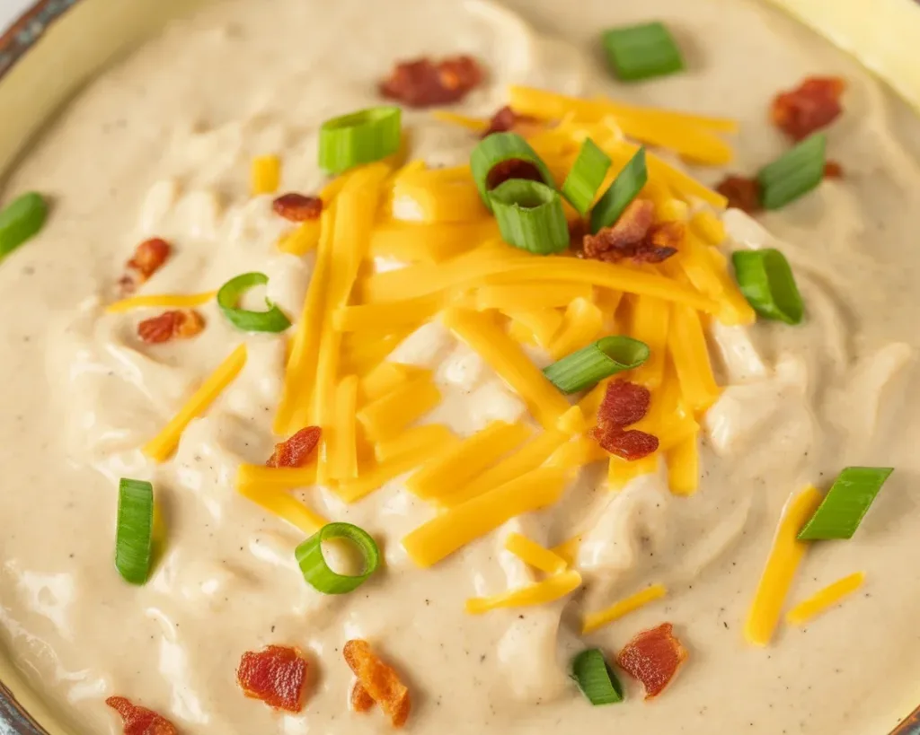 Delicious bowl of hashbrown potato soup topped with cheddar cheese and bacon
