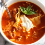 Delicious bowl of Lasagna Soup with cheese, noodles, and savory ingredients