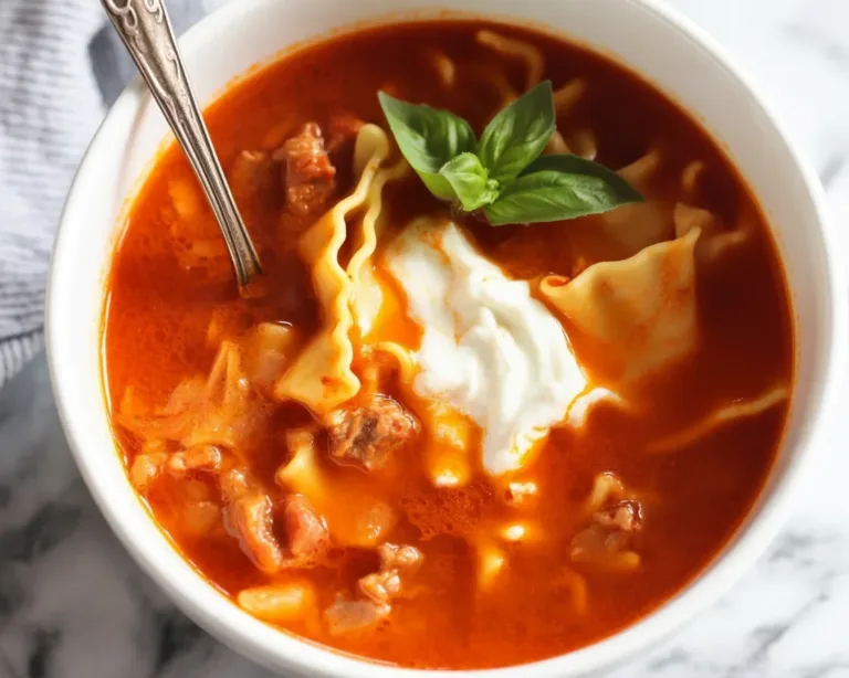Delicious bowl of Lasagna Soup with cheese, noodles, and savory ingredients