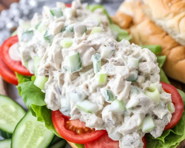 Classic chicken salad with diced chicken and fresh ingredients in a bowl.