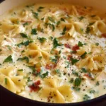 Bowl of delicious white chicken lasagna soup topped with parsley.