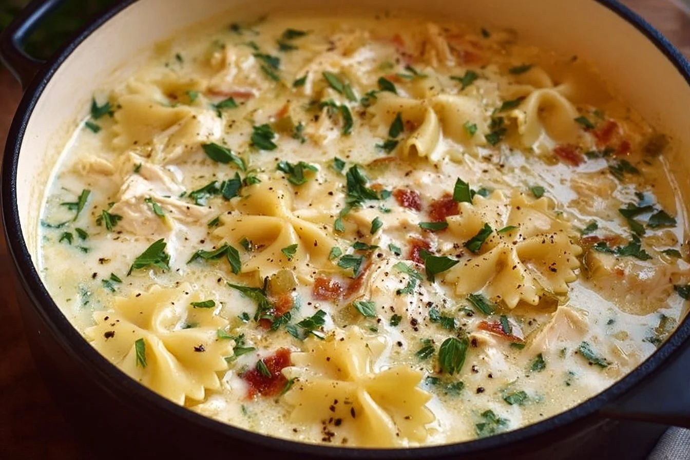 Bowl of delicious white chicken lasagna soup topped with parsley.