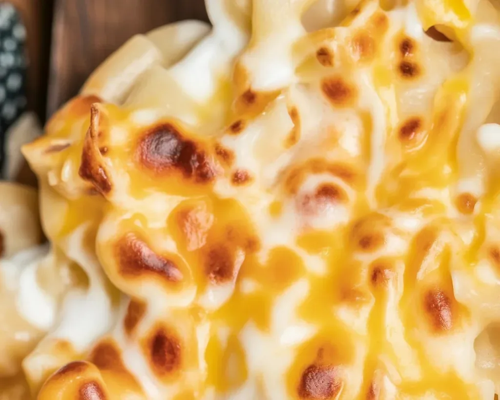 Creamy Baked Mac and Cheese with a crunchy topping and layers of cheese.