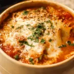Bowl of creamy lasagna soup garnished with herbs and cheese, recipe featured inside.