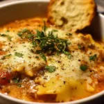 Bowl of easy creamy lasagna soup garnished with fresh basil and cheese