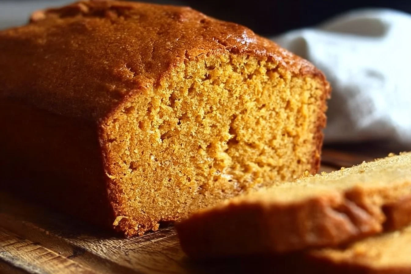 Slice of homemade easy pumpkin bread on a wooden table.