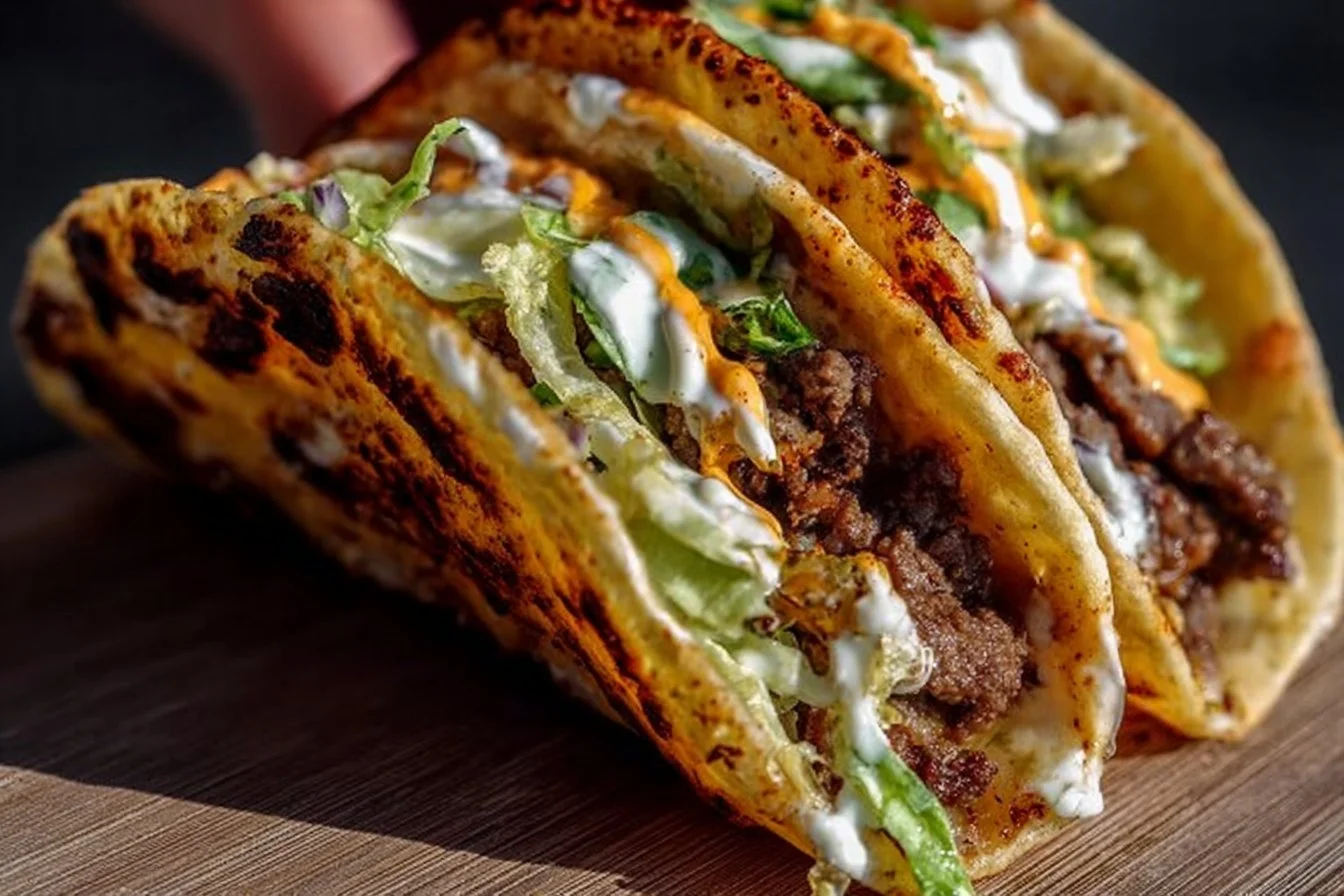 Plate of easy smash burger tacos with toppings and sauces.