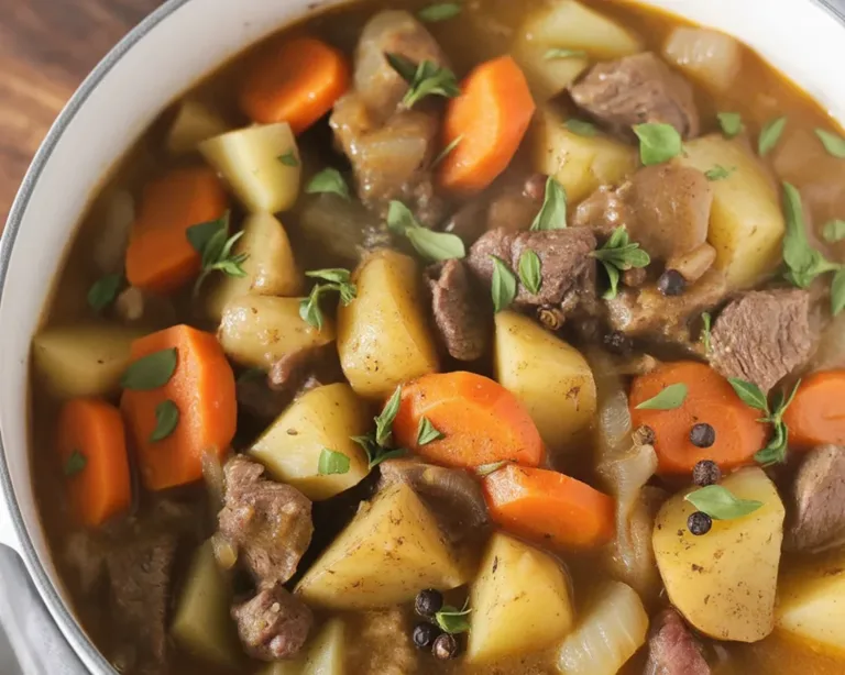 Hearty Beef Stew with tender beef, carrots, potatoes, and rich broth.