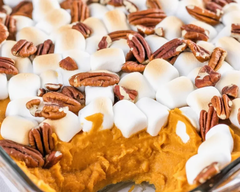 Delicious Sweet Potato Casserole topped with marshmallows and pecans, perfect for Thanksgiving.