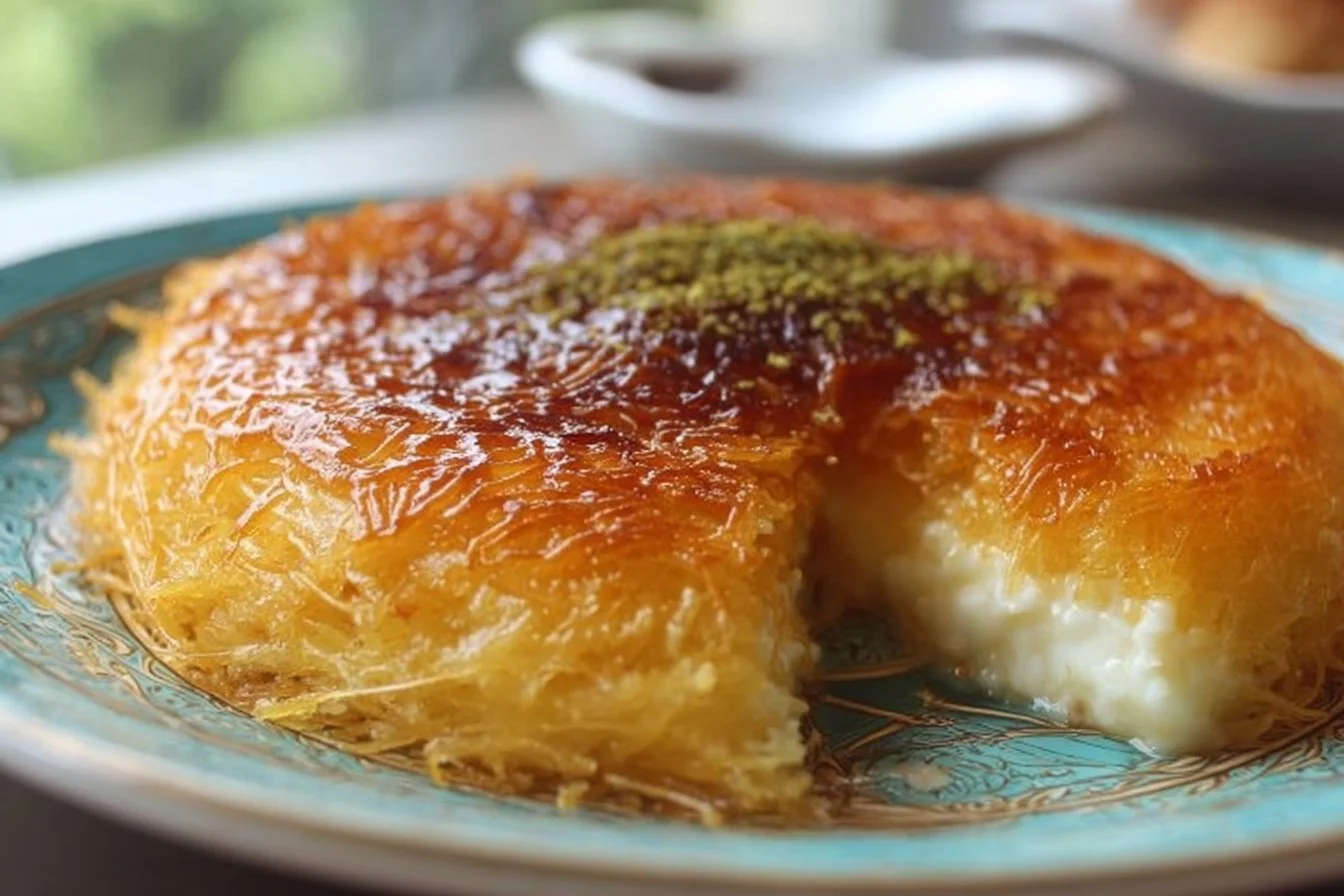 Delicious Kunafa pastry drizzled with syrup and topped with nuts.