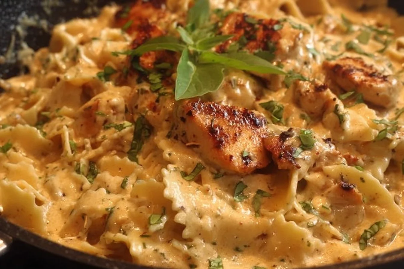Delicious Marry Me Chicken Pasta garnished with herbs and served in a creamy sauce.