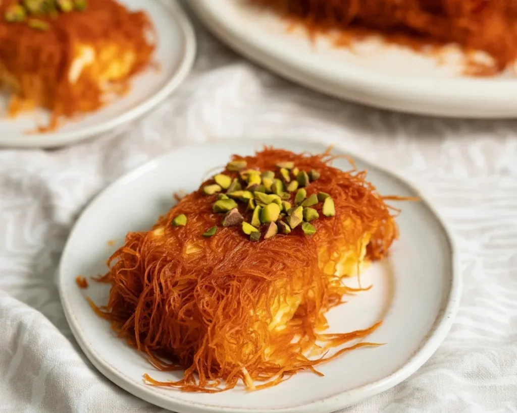 Delicious Knafeh with crispy pastry and cheese, topped with sweet syrup.