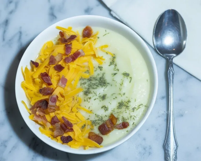 Quick and easy potato soup made from canned potatoes served in a bowl.