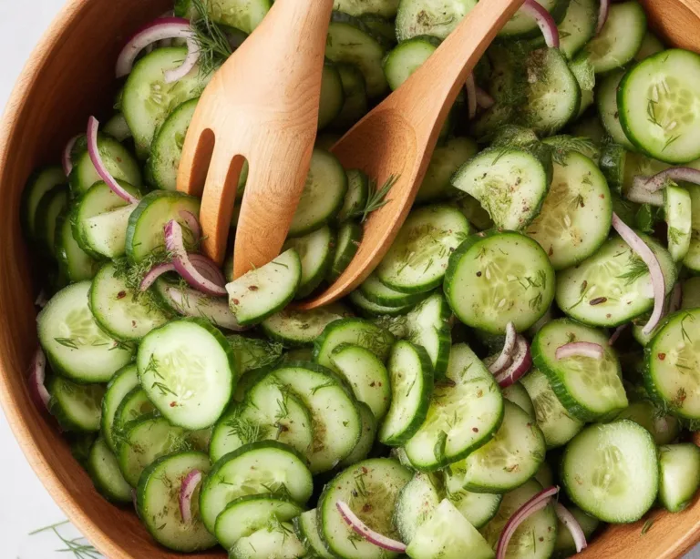 A refreshing cucumber salad with thinly sliced cucumbers and a tangy vinegar dressing.