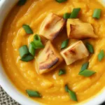 Pacific Thai sweet potato soup with coconut and spices in a bowl.