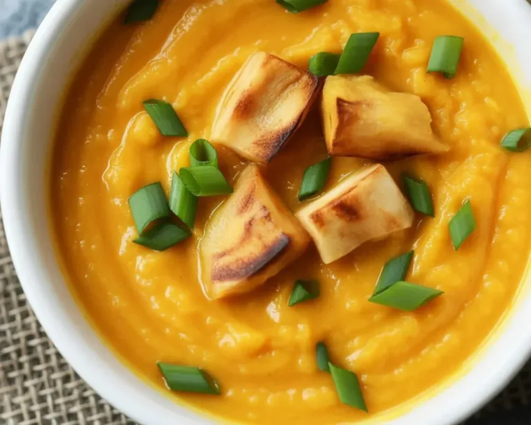 Pacific Thai sweet potato soup with coconut and spices in a bowl.