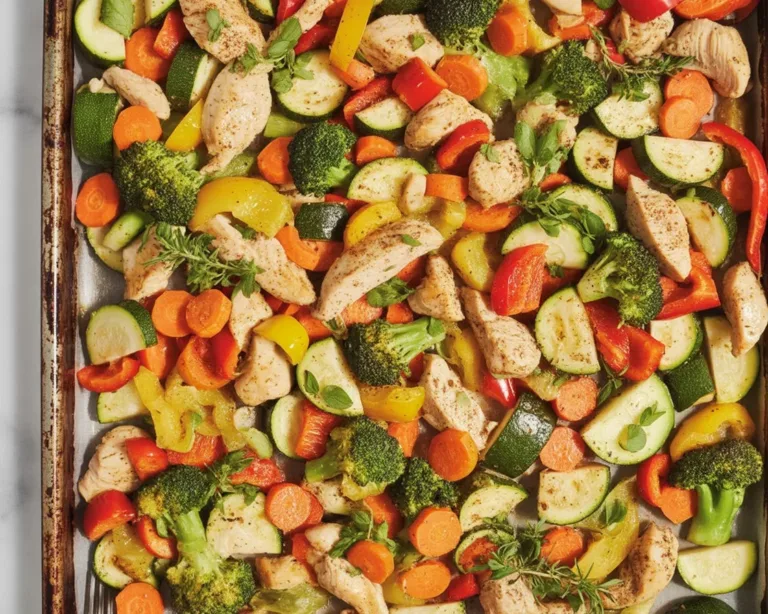 Delicious Sheet Pan Chicken with rainbow vegetables, baked with lemon and parmesan.