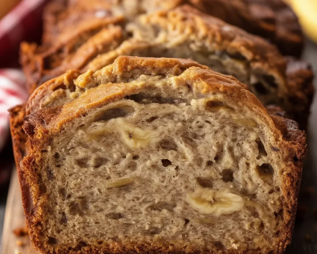Freshly baked banana bread with a golden crust and a moist interior