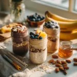 Bowl of overnight oats topped with fresh fruits and nuts for a healthy breakfast