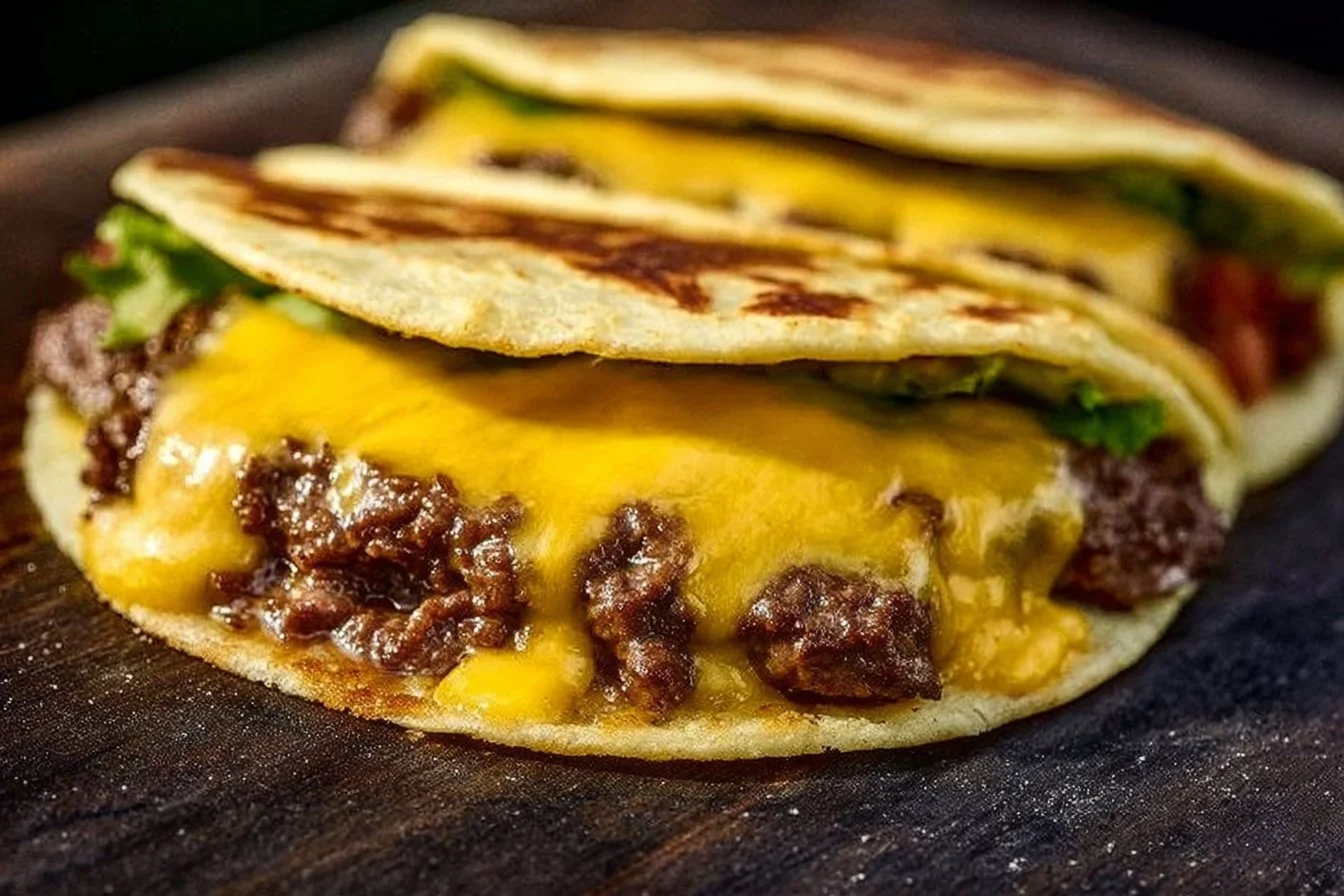 Mouth-watering smash burger tacos with beef patties and toppings.