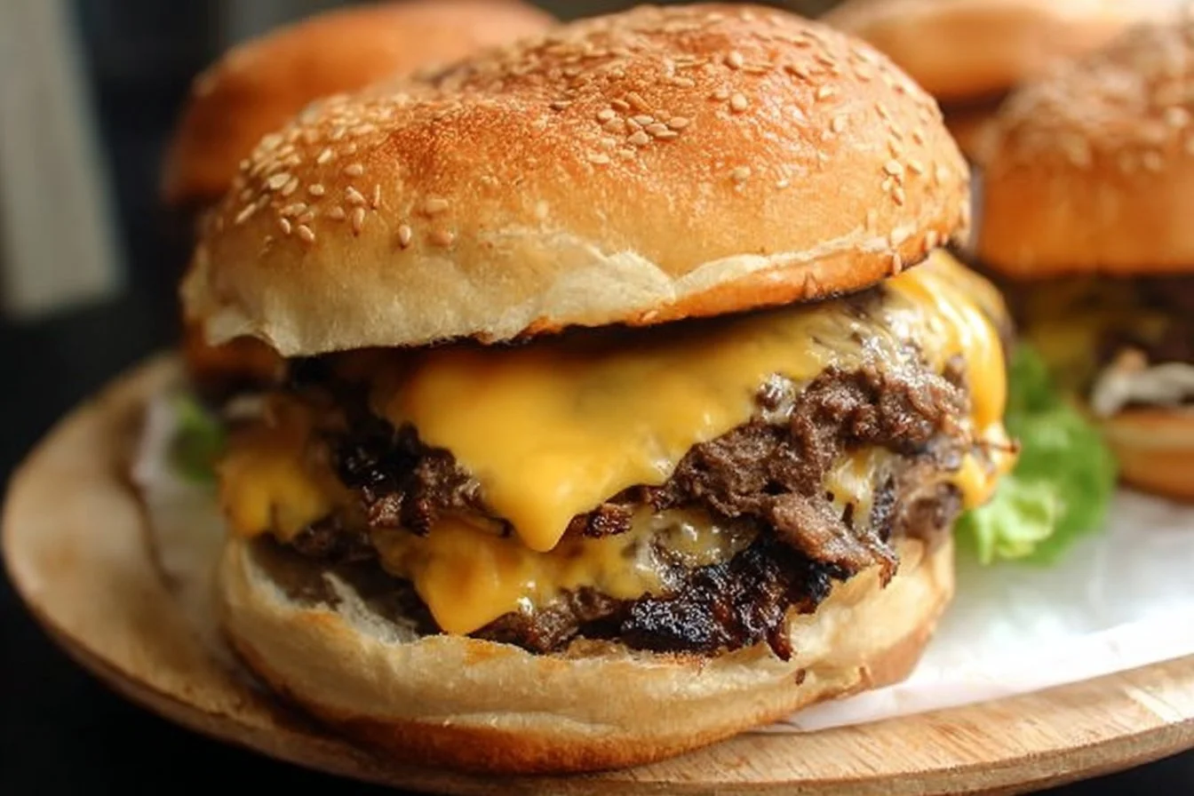 Delicious homemade smash burgers with toppings and grill marks