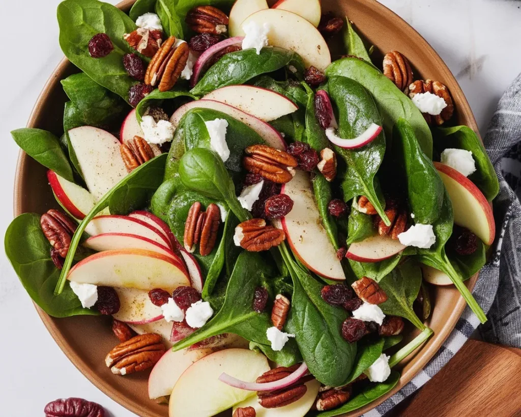 Fresh spinach salad with apples, pecans, and a tangy vinaigrette dressing