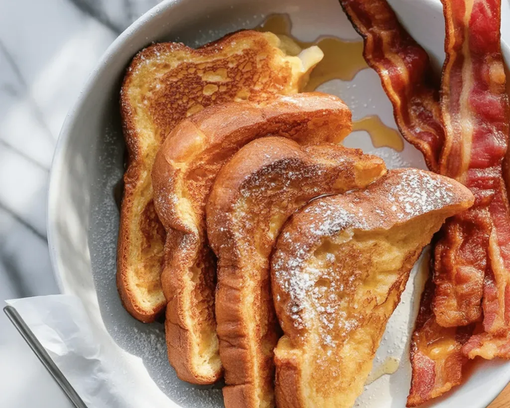 Fluffy French toast topped with butter and maple syrup on a white plate