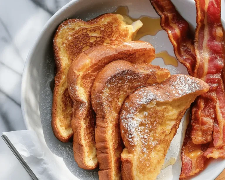 Fluffy French toast topped with butter and maple syrup on a white plate