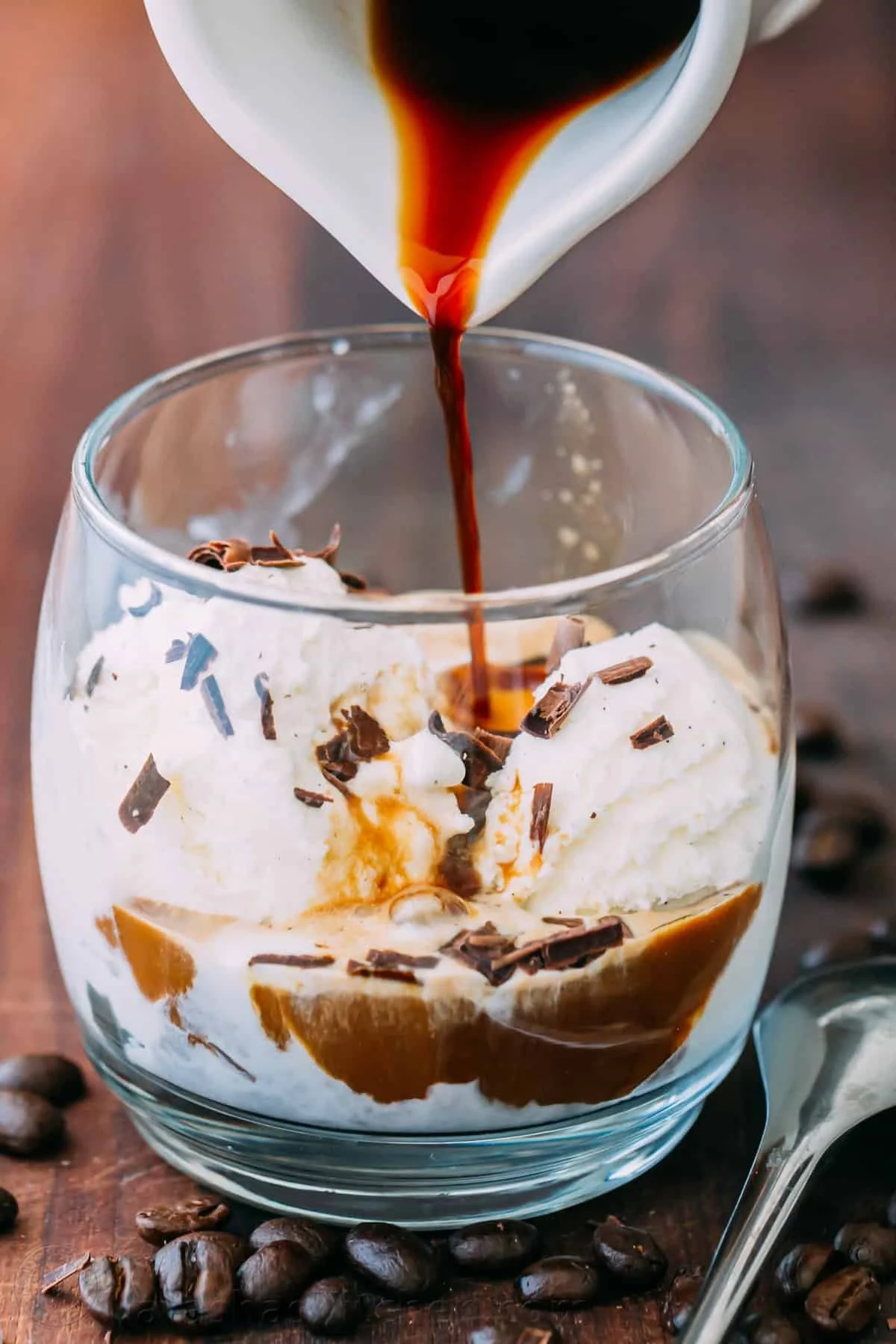 Delicious Affogato dessert with espresso poured over creamy gelato