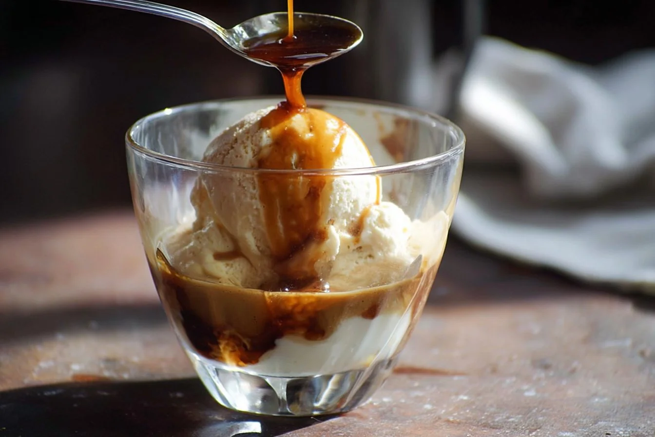 Delicious Italian affogato dessert with espresso poured over creamy gelato