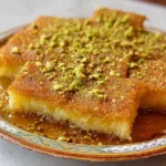 A plate of Lebanese homemade knafeh topped with nuts and syrup.