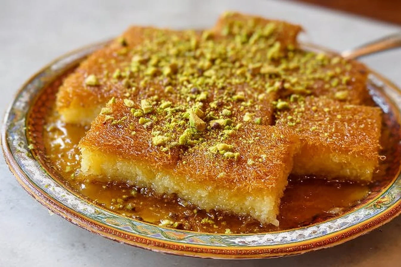 A plate of Lebanese homemade knafeh topped with nuts and syrup.