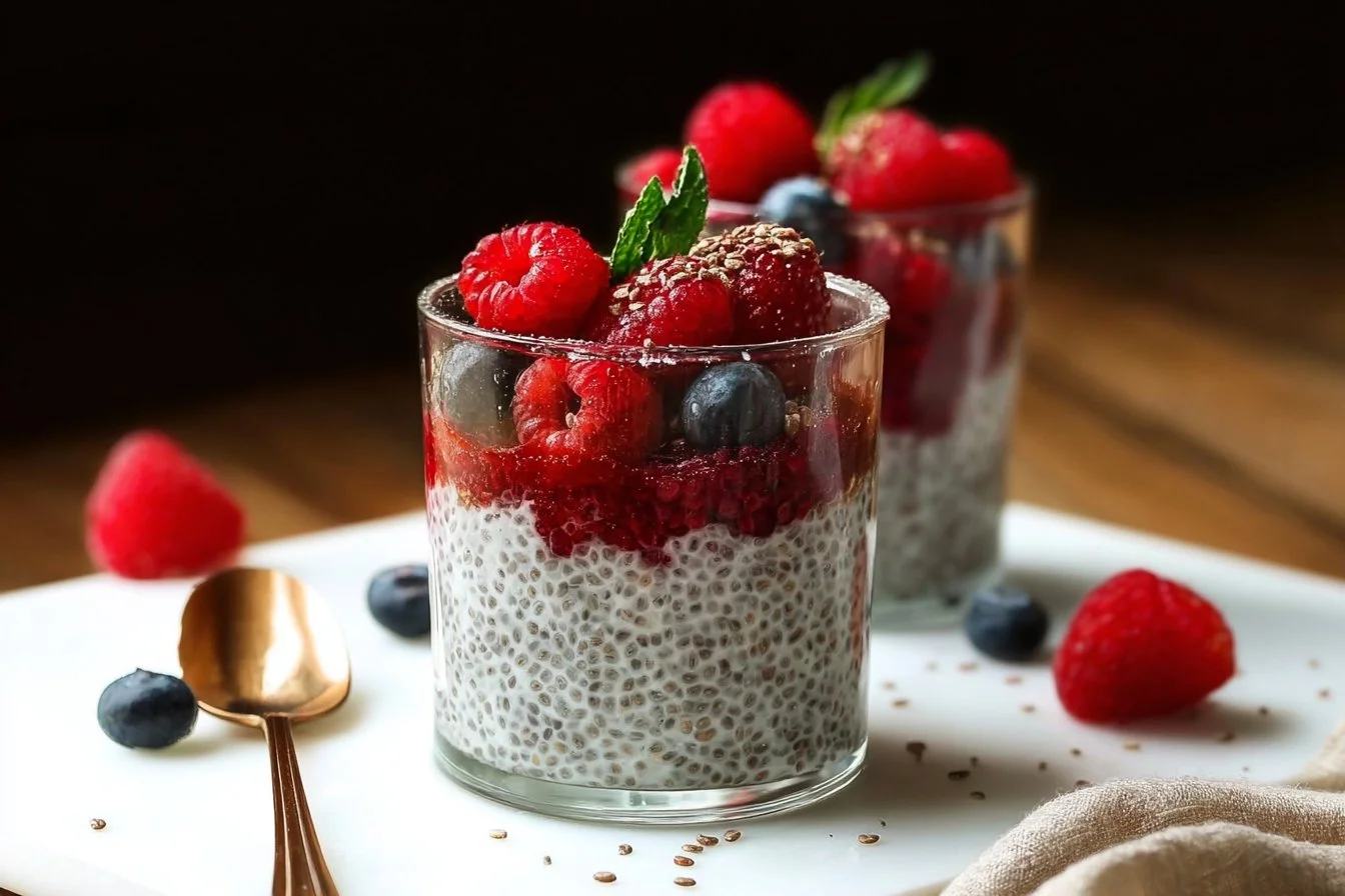 Delicious 5-minute chia pudding topped with fresh fruits and nuts