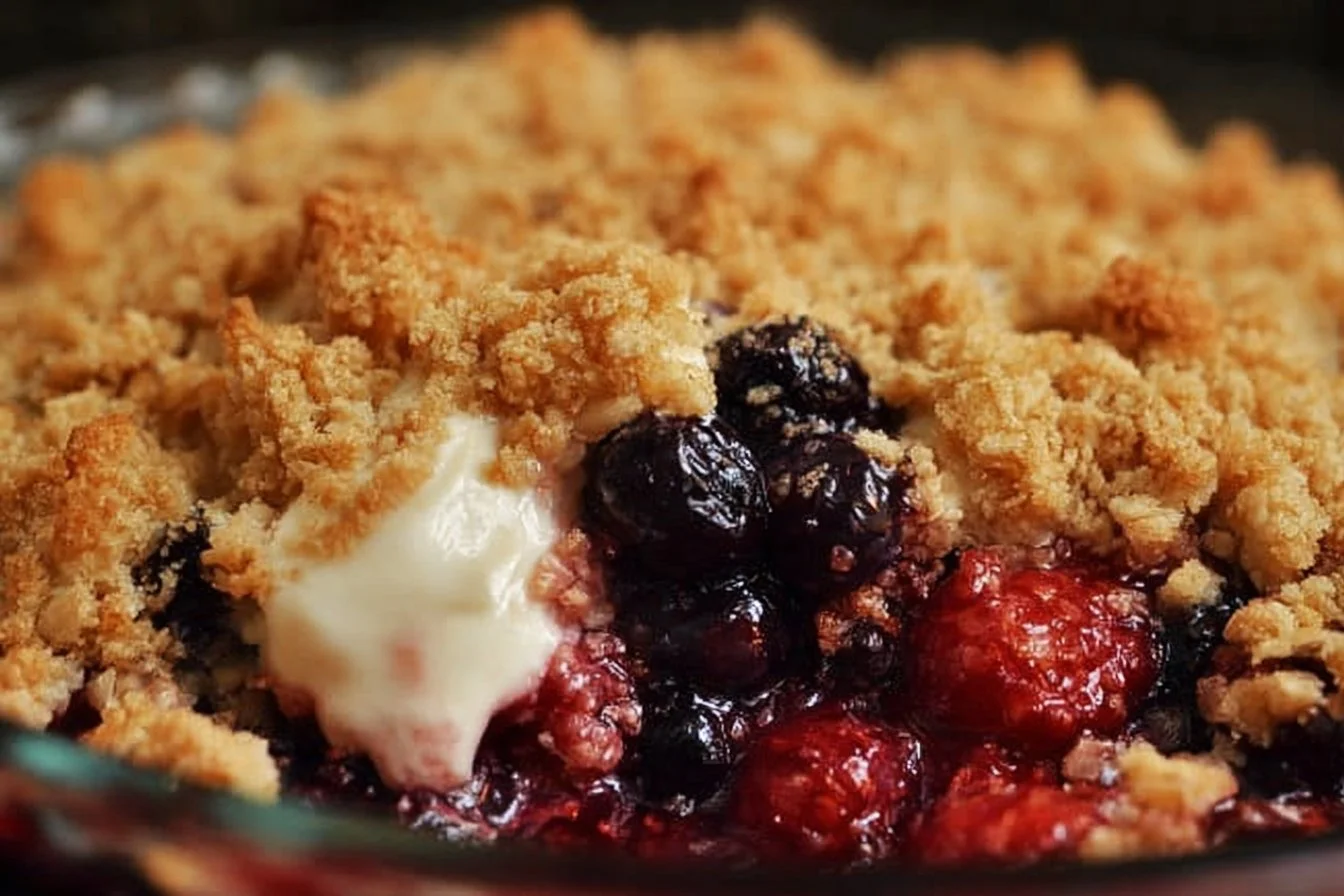 Delicious homemade berry crisp served in a bowl with ice cream on top.