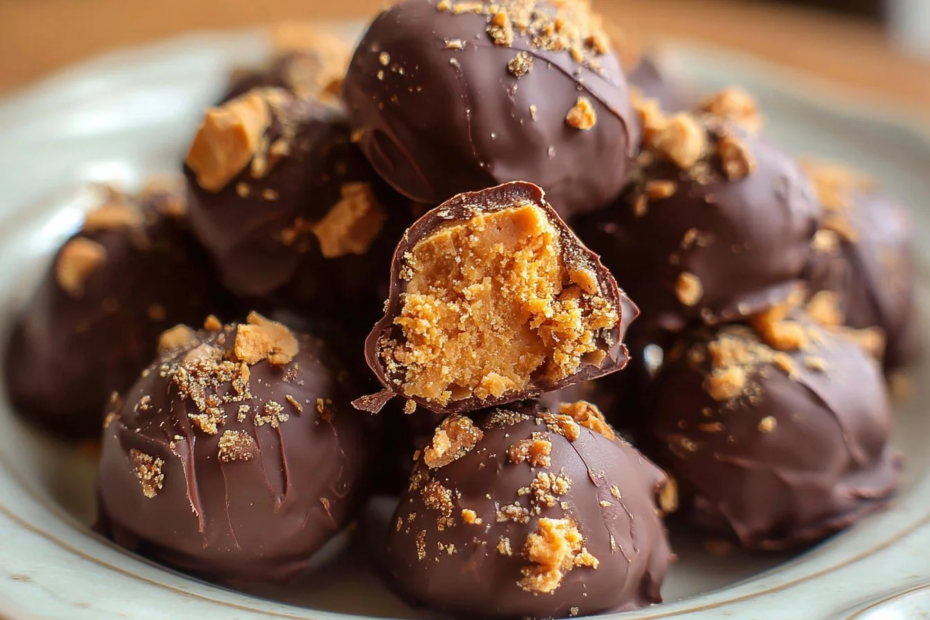 Delicious Butterfinger Balls dessert topped with chocolate and crushed peanut butter candy