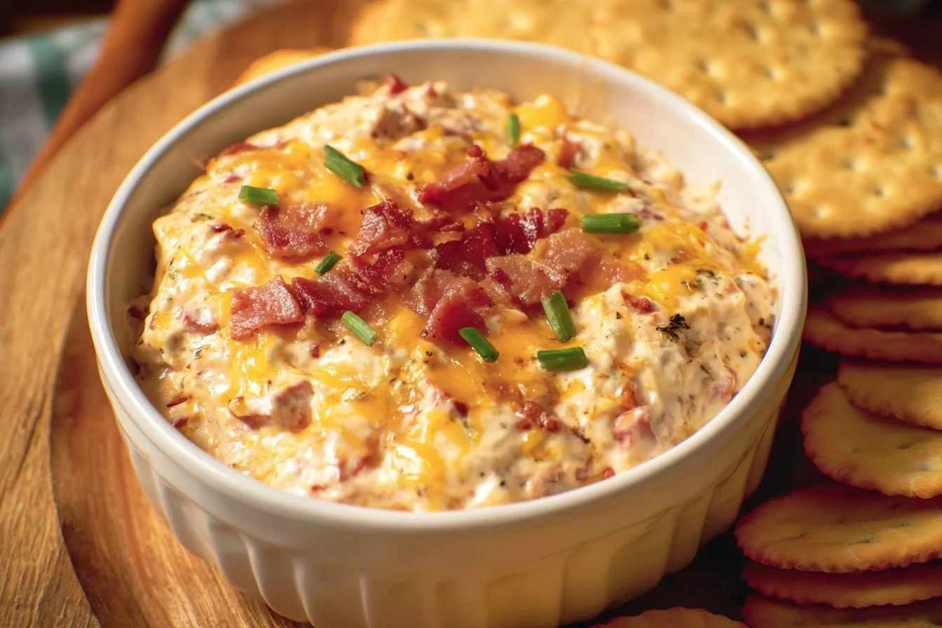 Delicious cheddar bacon dip served with tortilla chips