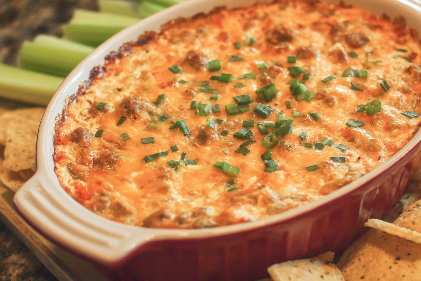 Delicious cheesy sausage dip served in a bowl with tortilla chips