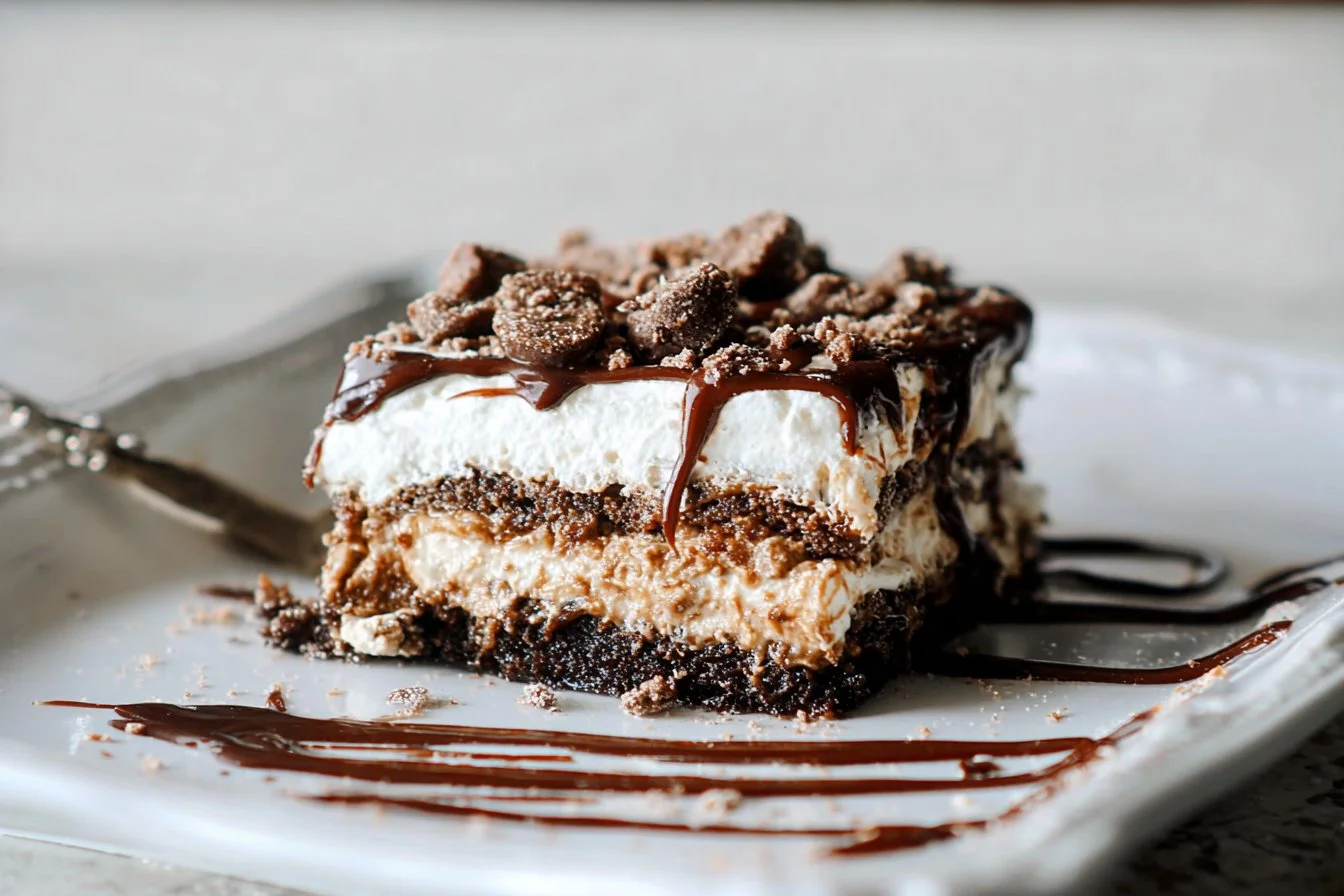Delicious no-bake Chocolate Lasagna dessert layered with chocolate and cream.