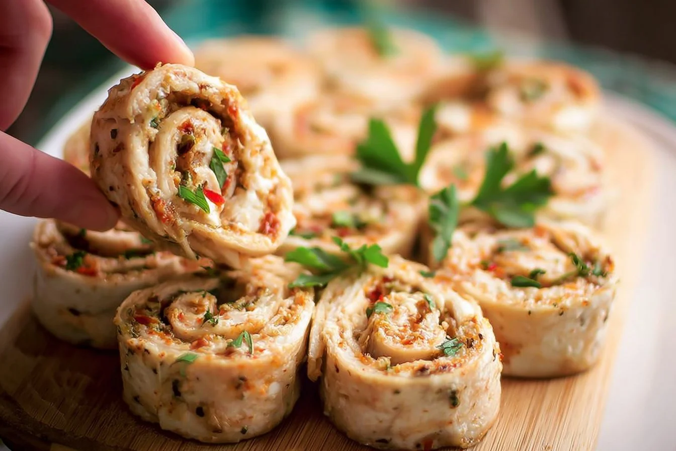 Cream Cheese Chicken Pinwheels served on a platter with fresh herbs.