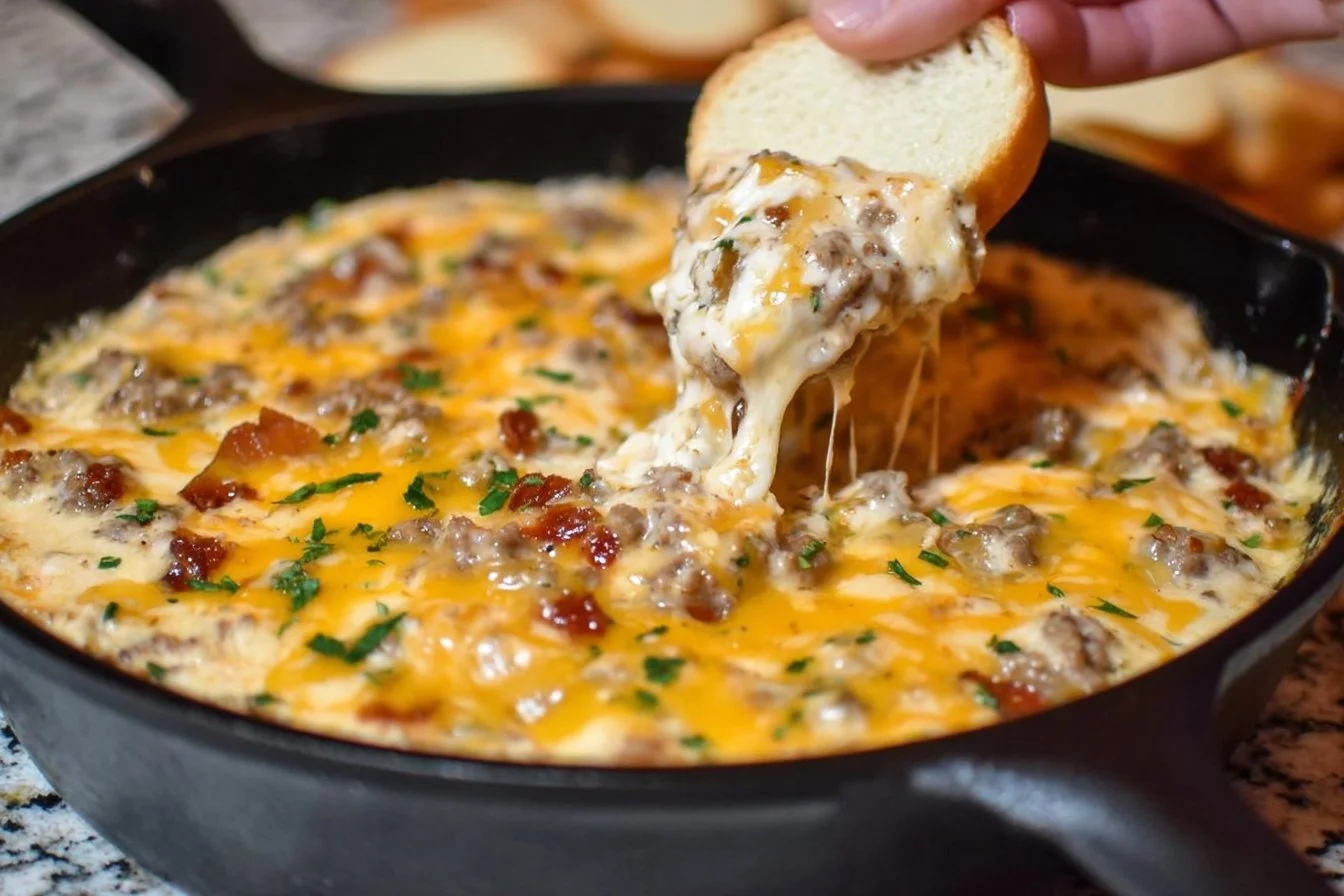 Creamy skillet cheeseburger dip served in a skillet with toppings