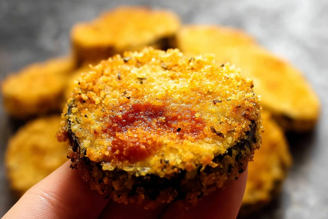Crispy air fryer eggplant rounds served on a plate with dipping sauce