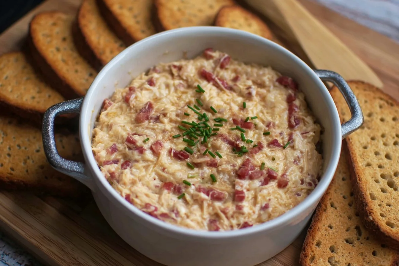 Delicious Crock Pot Reuben Dip served in a bowl with crackers and toppings.