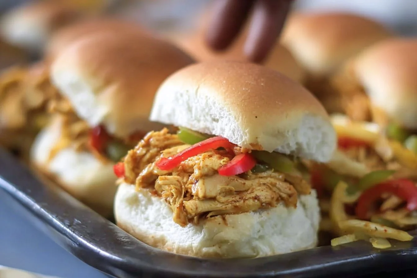 Easy chicken fajita sliders with peppers and onions on a serving platter.