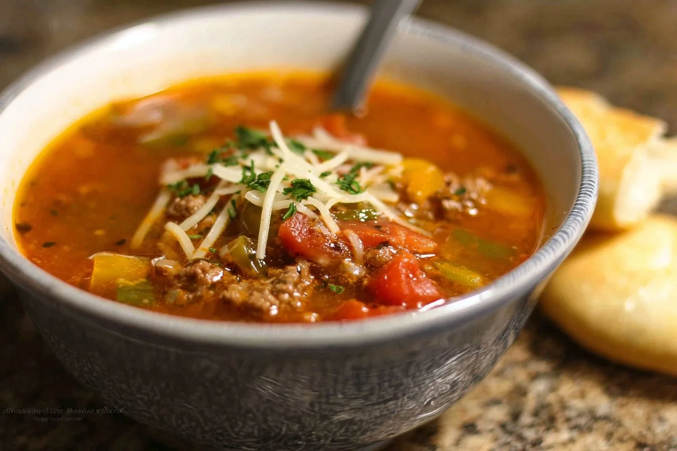 A bowl of hearty hamburger soup filled with vegetables and ground beef.