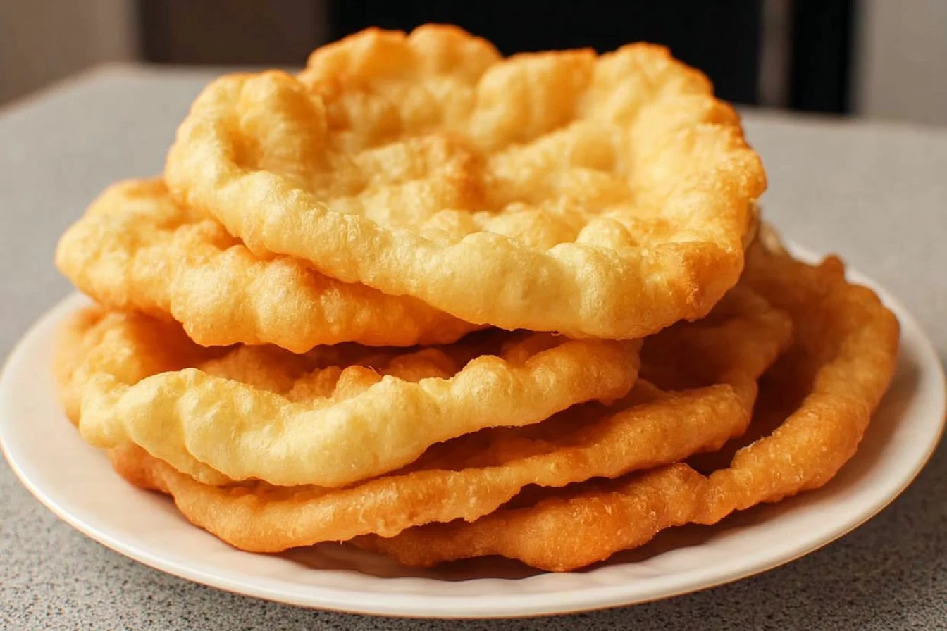 A plate of golden, crispy fry bread garnished with toppings.