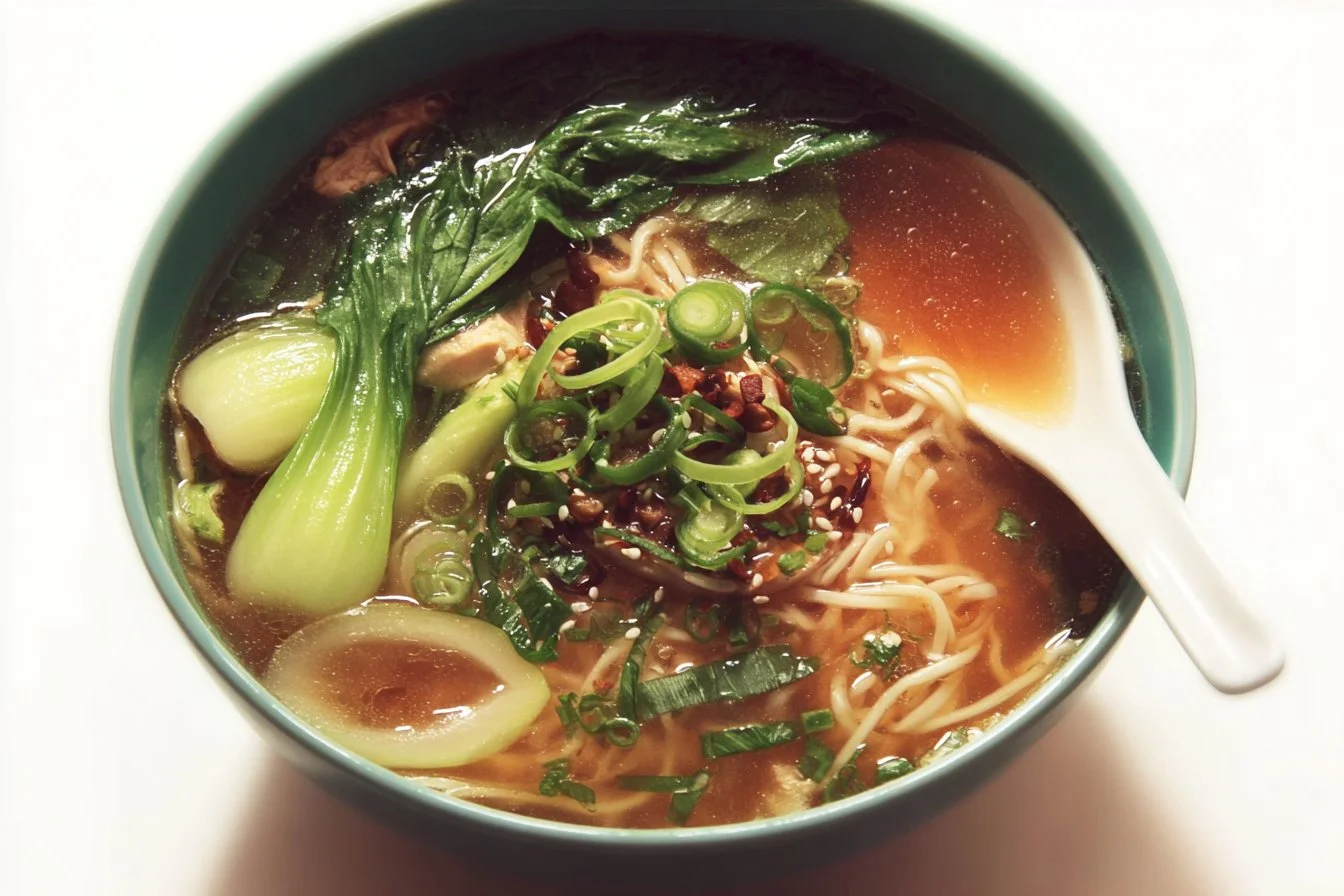 Bowl of ginger garlic noodle soup with bok choy and herbs