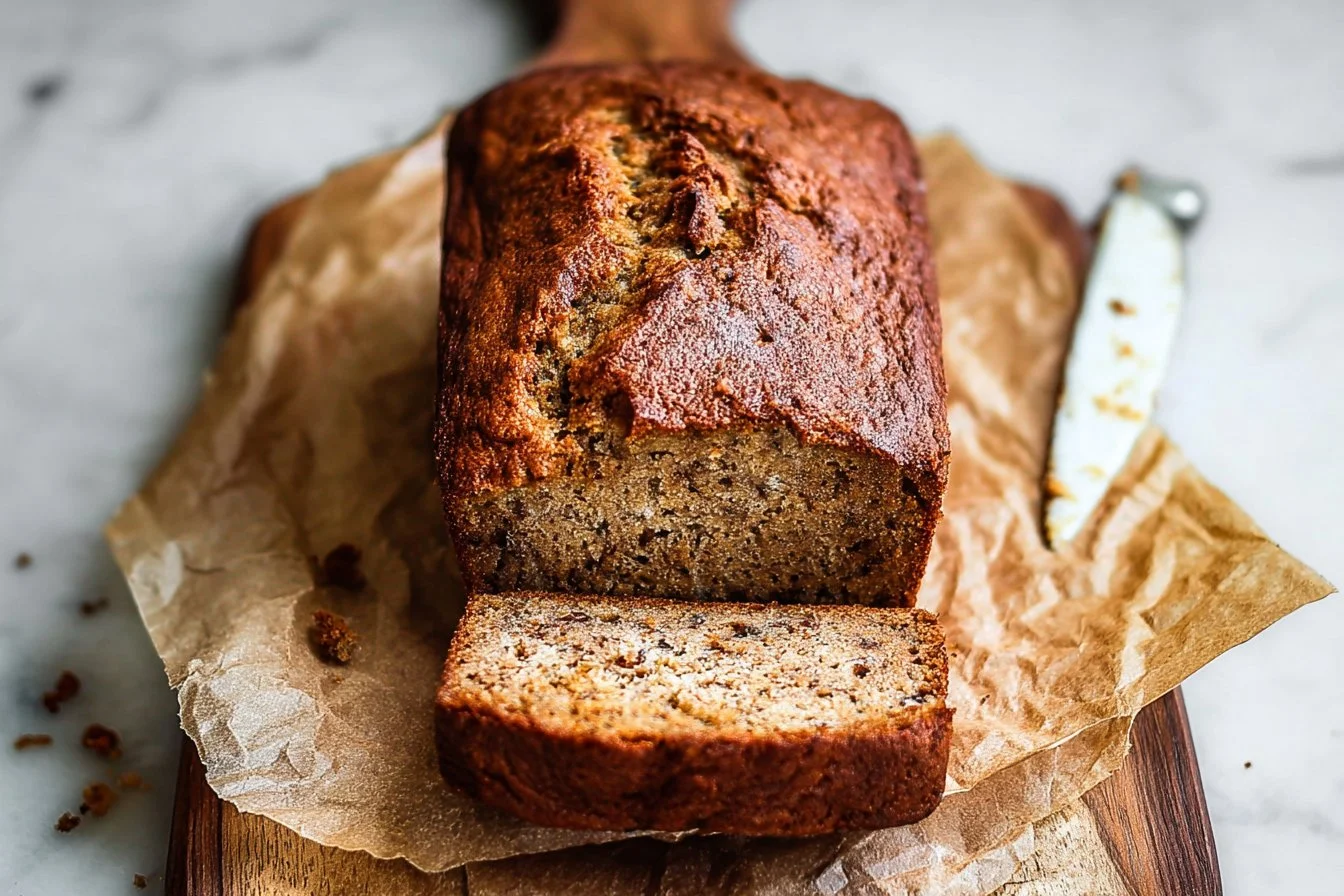 Slice of healthy banana bread on a wooden cutting board