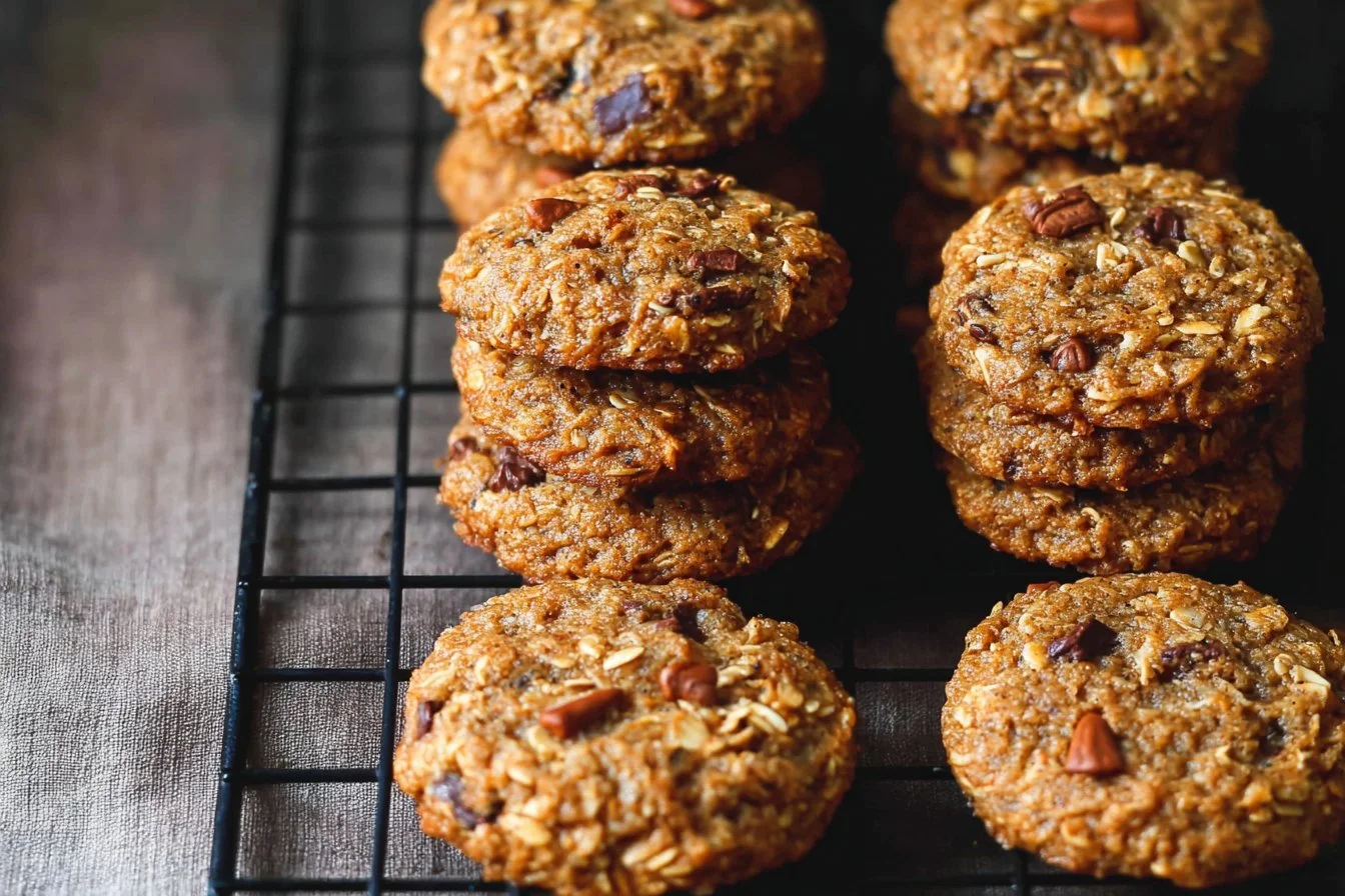 Healthy oatmeal cookies on a wooden table with nuts and raisins